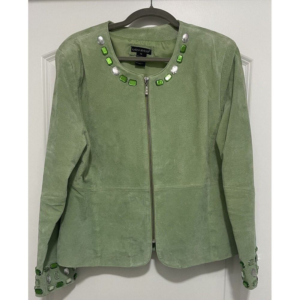 Karen Arnold Green Leather Front Zip Jacket Womens XL  W/ Bead Embellishment